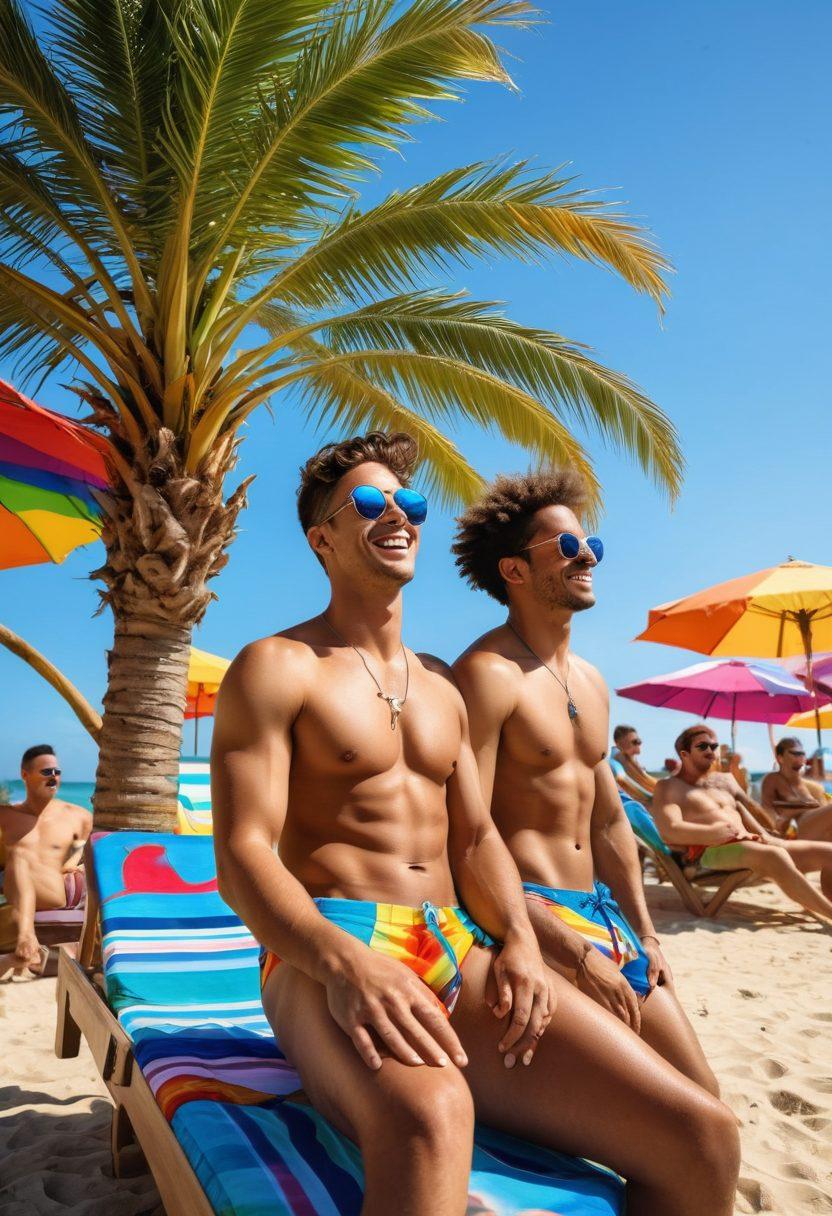 A vibrant beach scene showcasing men confidently wearing trendy bikinis in various styles, celebrating individuality and diversity. Incorporate rainbow colors in the swimwear to reflect LGBTQ+ pride. Add palm trees, sun loungers, and a bright sunny sky, evoking a fun summer vibe. Beachgoers enjoying themselves, laughing and dancing. super-realistic. vibrant colors. lively background.