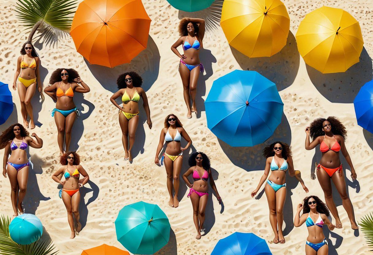 A diverse group of women of all shapes and sizes confidently enjoying a sunny beach day, wearing stylish and colorful bikinis that reflect current trends. The scene is vibrant with tropical palm trees, soft sand, and a clear blue ocean. Include playful elements like beach balls and umbrellas to convey a fun and inclusive celebration of summer bodies. super-realistic. vibrant colors. bright and cheerful atmosphere.