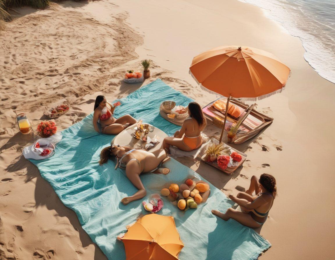 A vibrant beach scene featuring a diverse group of stylish individuals in fashionable swimwear, showcasing a blend of body positivity and confidence. Sunlight radiates, casting warm hues over the sandy shore, while colorful beach umbrellas and tropical drinks add to the festive atmosphere. Include elements like sunscreen bottles, beach towels, and playful waves to enhance the summer vibe. super-realistic. bright colors. summer aesthetics.